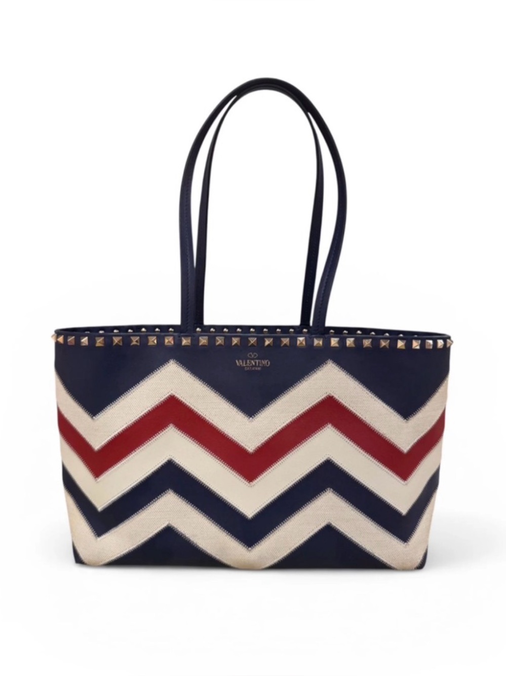 Valentino Tri Color Chevron Leather and Canvas Small Rockstud Motif Shopper Tote